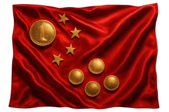 Chinese flag concept with golden coins, isolated on a transparent background.