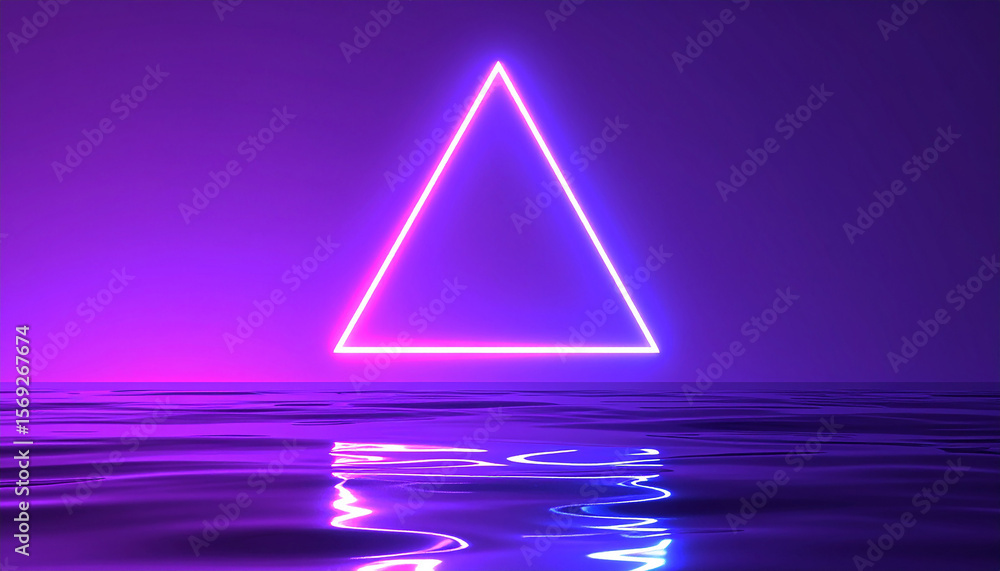Aufkleber glowing triangular ultraviolet neon frame floating above a liquid surface. holographic gradient.