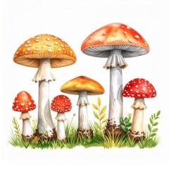 Obraz premium Watercolor Illustration of Red and Orange Mushrooms