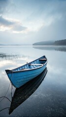 Naklejka premium A solitary blue rowboat rests peacefully on a calm lake at dawn with a misty horizon