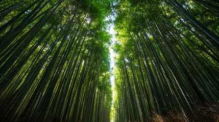 Tall bamboo stalks form a dense, green forest canopy with sunlight filtering through, creating a natural tunnel effect.