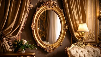 An ornate, antique golden mirror frame on a wall, perfect for vintage art decoration