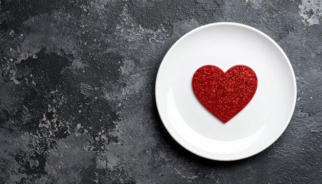 Red Glitter Heart On White Plate Against Textured Concrete Background