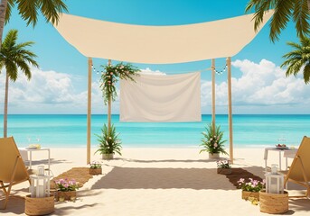 Hyperrealistic Summer Beach Scene with Blank Banner Space and No People