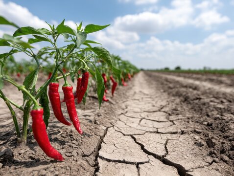 Red chili peppers growing in dry, cracked soil, a field stretches into the distance under a blue sky.