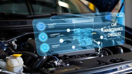 Futuristic holographic car maintenance checklist displaying a 3d engine diagram and service icons over an open car engine bay for advanced automotive diagnostics and repair