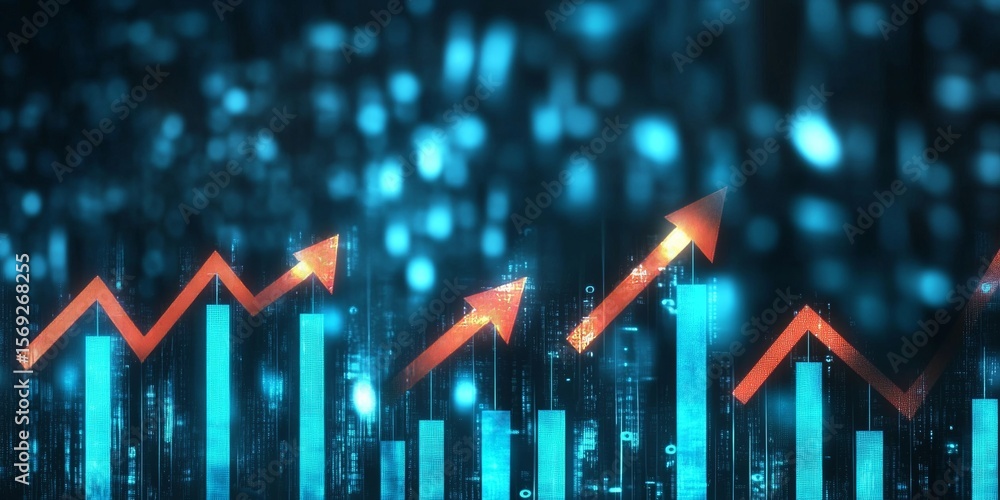 Poster futuristic ascending bar chart with data points and augmented reality indicators for business growth