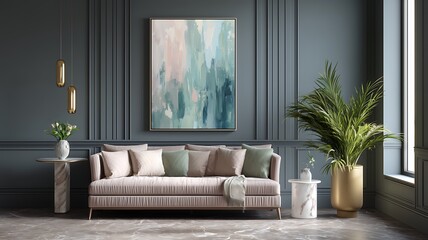 modern living room with plant and painting on grey wall