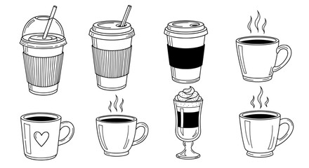 Obraz premium Collection of hand drawn coffee drinks including iced drinks in plastic cups with straws and hot beverages in ceramic mugs silhouette isolated on transparent background