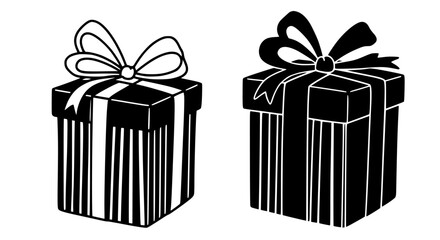 Two black gift boxes with bows and ribbons depicted in a striking silhouette style isolated on transparent background