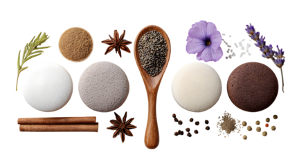 Natural ingredients spices herbs flowers and bath bombs arranged on white background