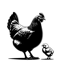 A mother hen and her chick standing together in a black silhouette isolated on transparent background