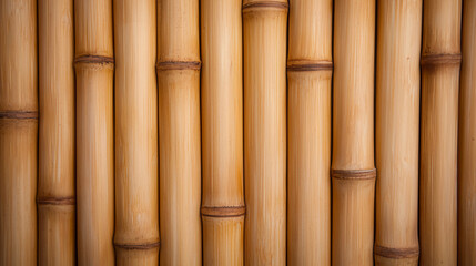 Fototapeta premium Close-up image of vertical bamboo stalks with natural texture and warm tones, creating a repeating pattern.