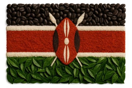 Kenyan flag from coffee beans, spices, and leaves, isolated on transparent background.