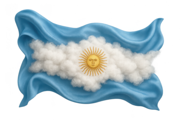 Waving Argentina flag with fluffy cloud stripe and sun, isolated on transparent background