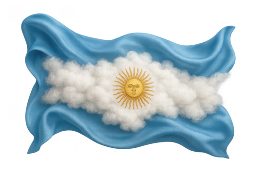 Waving Argentina flag with fluffy cloud stripe and sun, isolated on transparent background