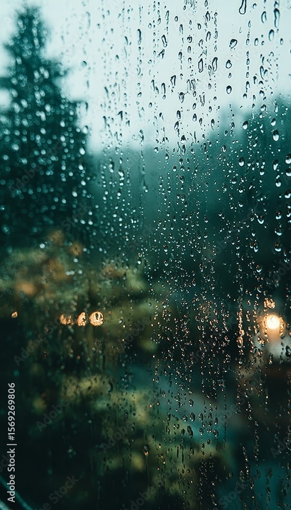 Poster raindrops on glass with blurry trees in background, creating a calm and serene atmosphere