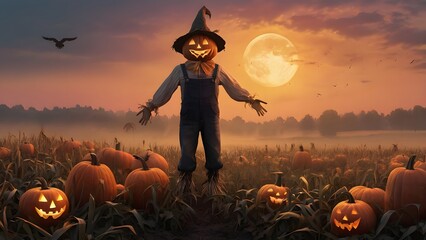 A digital illustration of a friendly scarecrow with a cheerfully glowing jack-o'-lantern head, standing in a misty cornfield. The dusk sky is a beautiful gradient of soft orange, casting a warm.