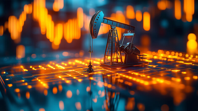 A digitally enhanced image of an oil pump jack with a financial chart. - Powered by Adobe