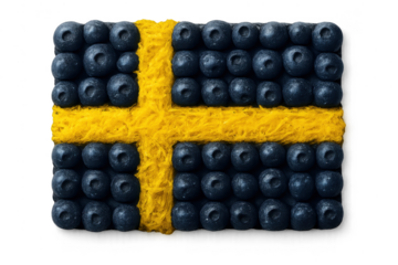 Swedish flag made of blueberries and yellow fiber, isolated on transparent background