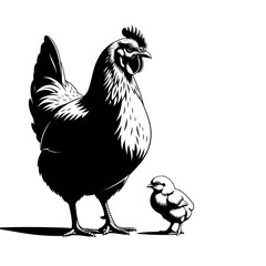 A mother hen and her chick standing together in a black silhouette isolated on transparent background