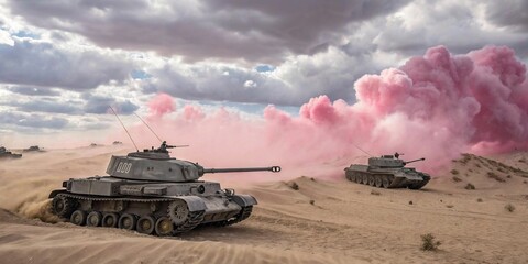 Grey Military Tanks Advance Through Pink Smoke on Desert Battlefield