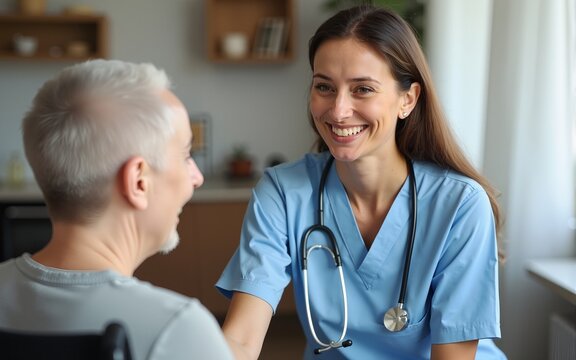 Senior woman, nurse and help with support for healthcare, empathy or trust in elderly care or retirement at home. People, caregiver and touching person with a disability for comfort, love and smile