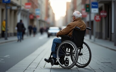old man sitting in a wheelchair Alone in the middle of the city. High quality