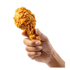 Crispy fried chicken leg being held, displaying its golden brown texture against a clean white, offering a delectable, tempting treat, transparent background