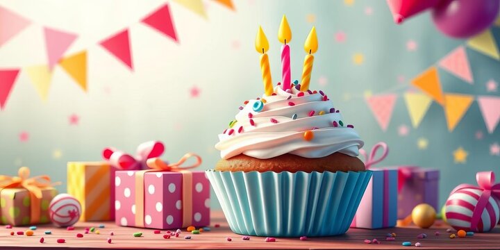 A cartoon cupcake cake with candles, presents, and birthday pennants; festive party celebration,  set,  candles - Powered by Adobe