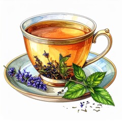Watercolor Illustration of Herbal Tea in Elegant Cup