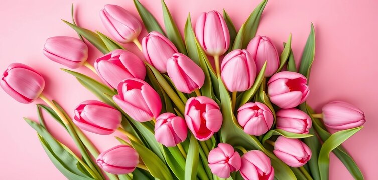 A cluster of pink tulips arranged in a spring bouquet against a pastel pink backdrop  Flat lay,   texture,   elegant