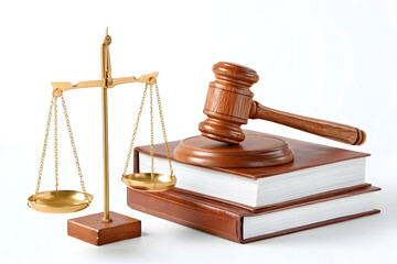 Justice is symbolized by a brass scale and wooden gavel resting on law books, representing legal proceedings and decisions, transparent background