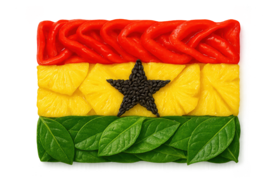 Ghana flag made from fresh produce, isolated on transparent background.