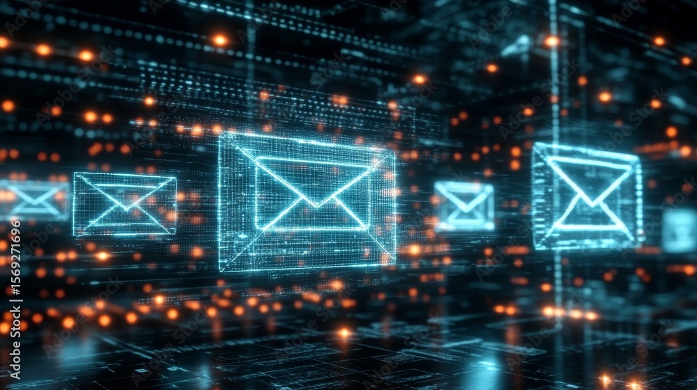 Poster digital envelopes forming a swarm in cyber space representing e-mail messaging and data delivery