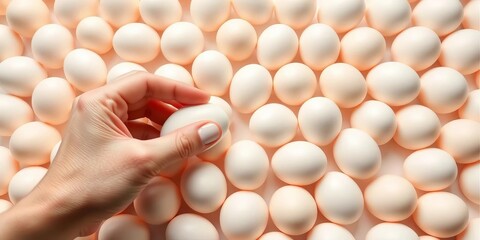 A hand gently removes a single white egg from a larger pattern of identical eggs on a white background, one, pure