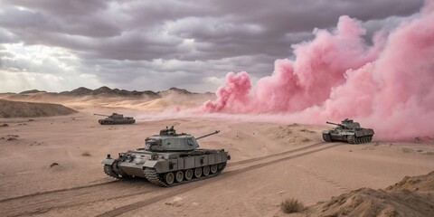 Grey Military Tanks Advance Through Pink Smoke on Desert Battlefield