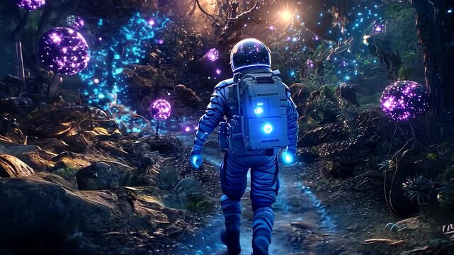 Astronaut exploring a vibrant, otherworldly forest path lit by glowing orbs