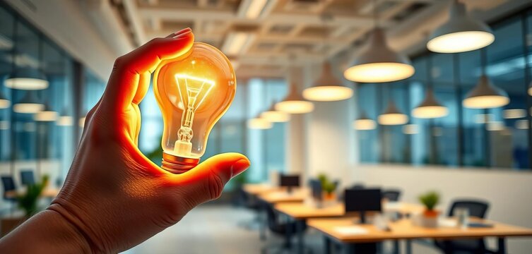 A hand holding a glowing lightbulb in a modern office setting, representing energy-saving financial strategies,  innovation,  sustainability