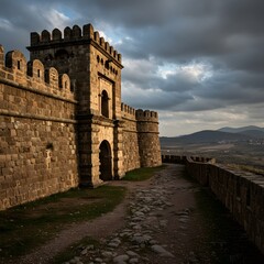 Fototapeta premium Medieval Castle Wall and Gate Under Cloudy Sky