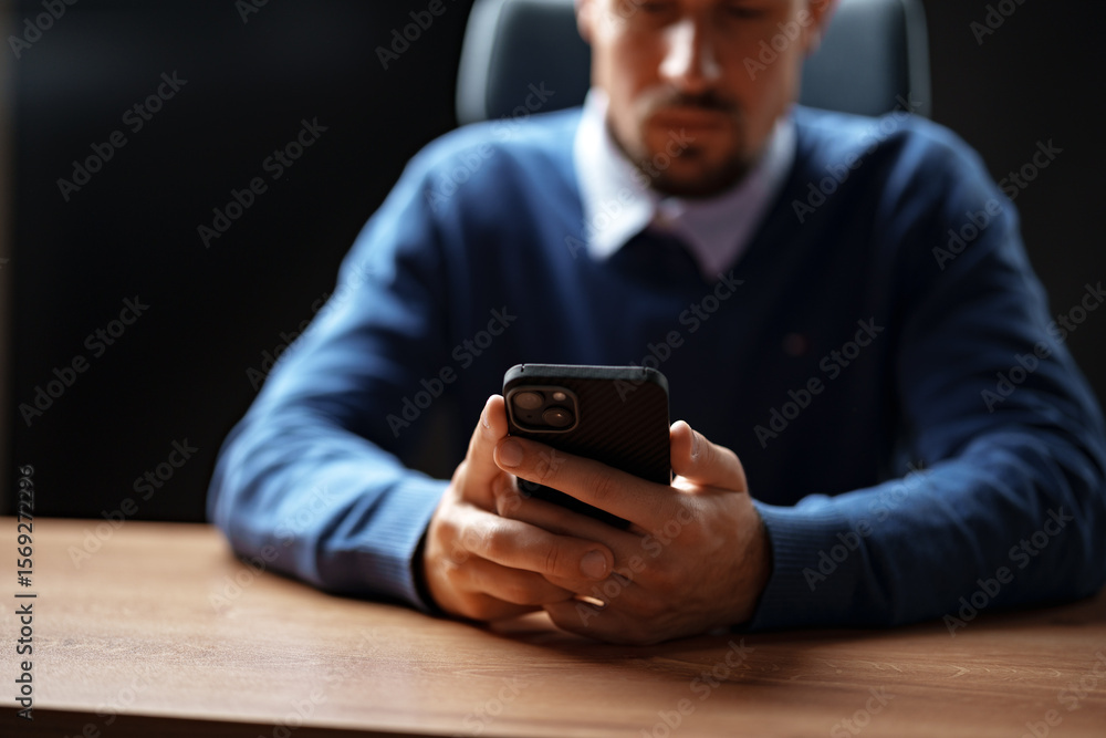 Poster man focused on smartphone while sitting at a desk in an office setting during the day