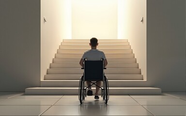 Disabled person in a wheelchair standing before a staircase looking up created with Generative AI. High quality