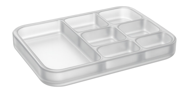 Shallow plastic tray with multiple compartments, suitable for sorting jewelry on a bedroom dresser.