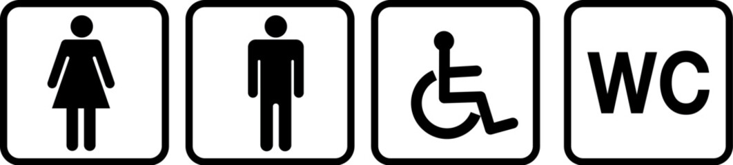Washroom Sign set. toilet door sign set. Restroom Icons Vector Signs for Men, Women, Disabled & WC- Transparent vector illustration.

