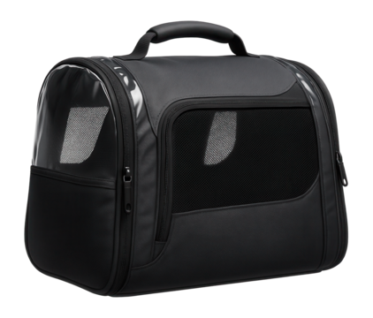 A nylon pet carrier with a rain cover, perfect for keeping a pet dry during walks in rainy weather.