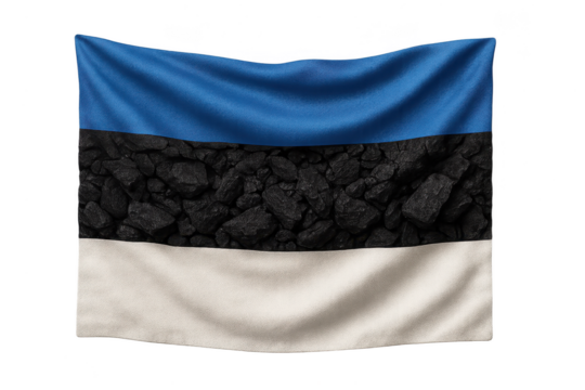 Estonian flag with coal texture isolated on transparent background, energy theme