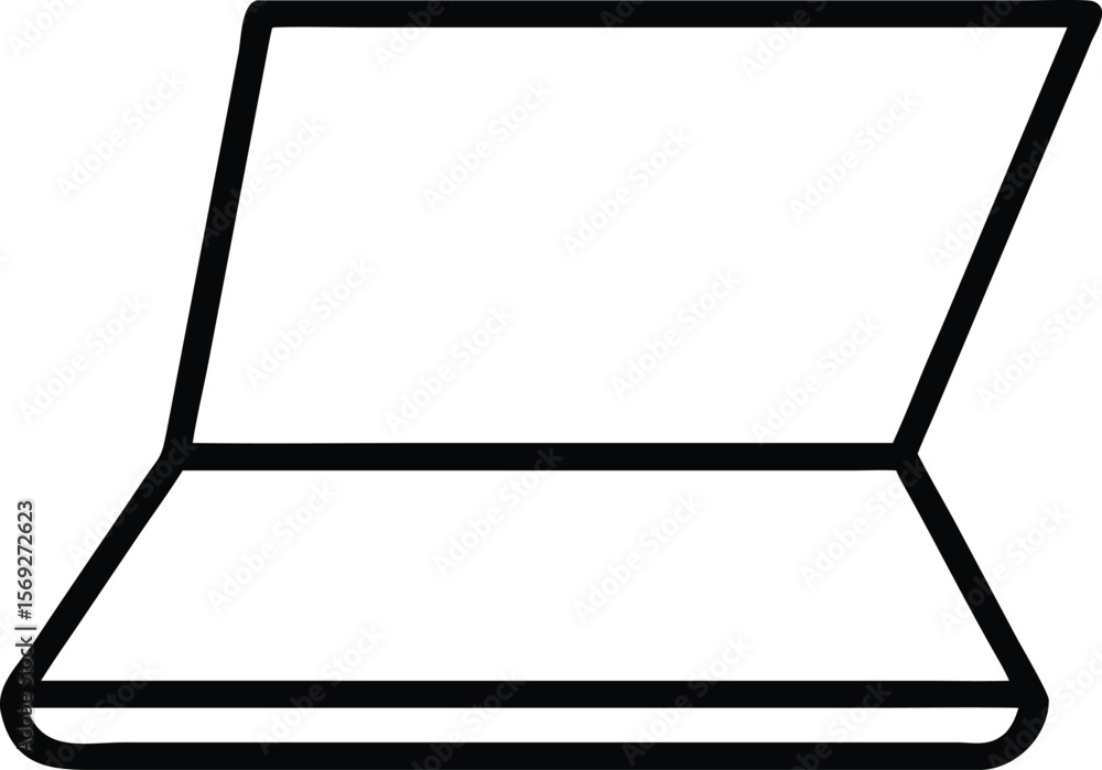 Poster simple black outline icon of an open laptop computer on a white background