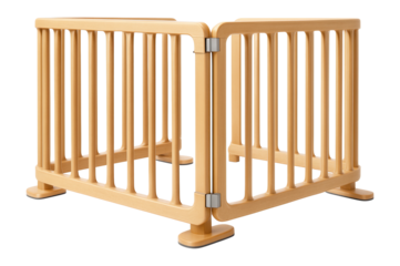 Freestanding wooden playpen barrier for a living room, offering a safe play area for babies and toddlers.