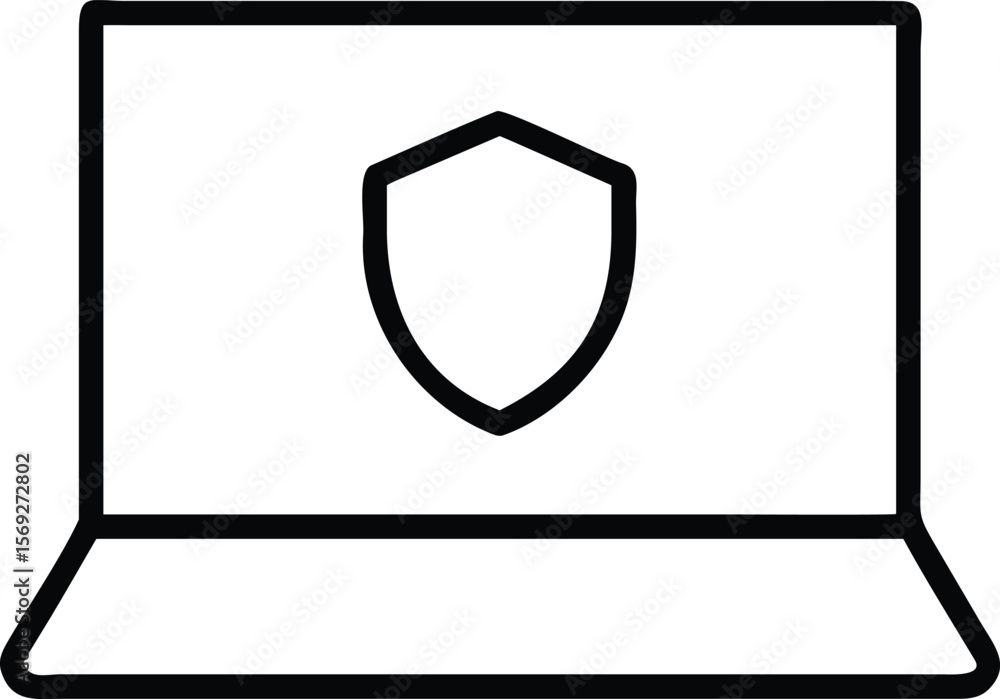 Poster laptop screen displaying a simple shield icon representing cybersecurity and data protection