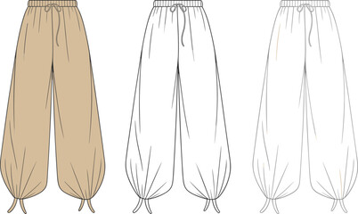 Loose fit baggy pants flat sketch, cad drawing vector illustration, fashion technical drawing, jogger pants front view design